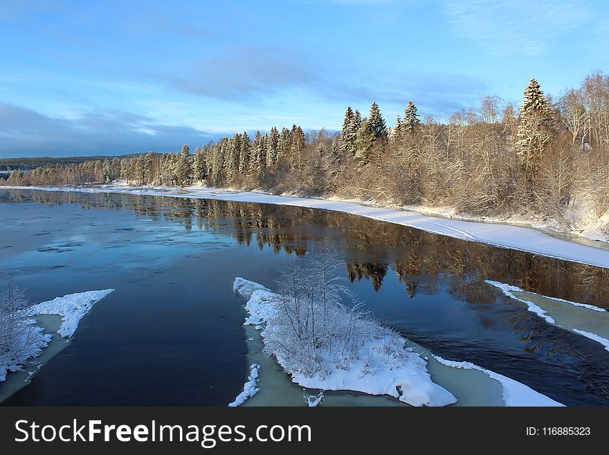 Reflection, Winter, Water, Snow