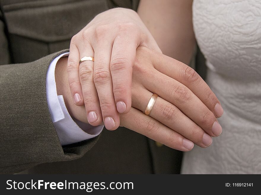Focus on female and male hands with wedding rings. Arms of married couple. Man in official suit and woman in bright dress with pretty ornament. Focus on female and male hands with wedding rings. Arms of married couple. Man in official suit and woman in bright dress with pretty ornament