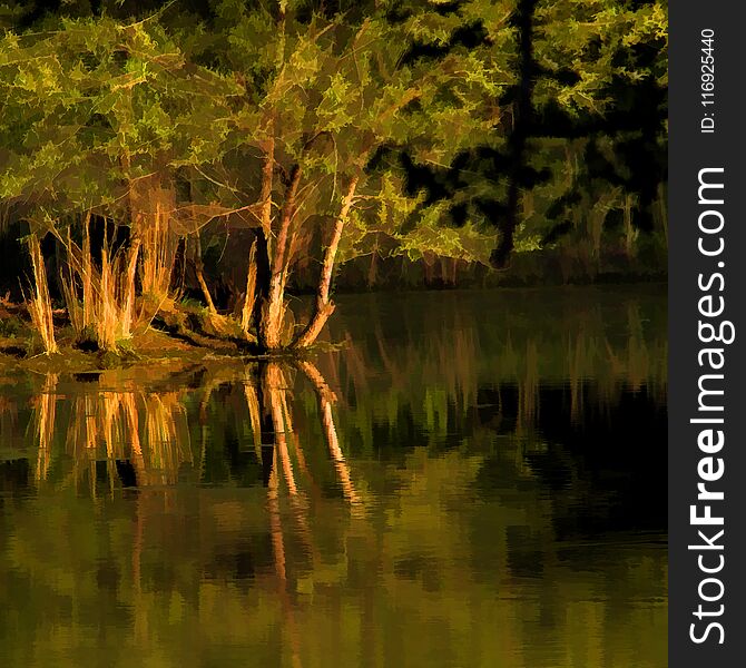 This is a pond in the late afternoon sun reflecting the warm light. I painted this image digitally. This is a pond in the late afternoon sun reflecting the warm light. I painted this image digitally.