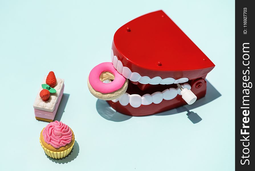 Red and White Mouth Plastic Toy and Food Plastic Toys