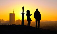 Silhouettes Of People On Warm Colorful Sunset In Belgrade, Serbia Royalty Free Stock Photo