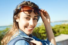 Portrait Of A Young Attractive Woman Walking City At Sunny Day Stock Photography
