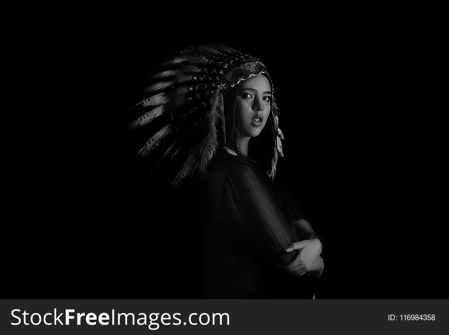 Grayscale Photo Of Native American Girl