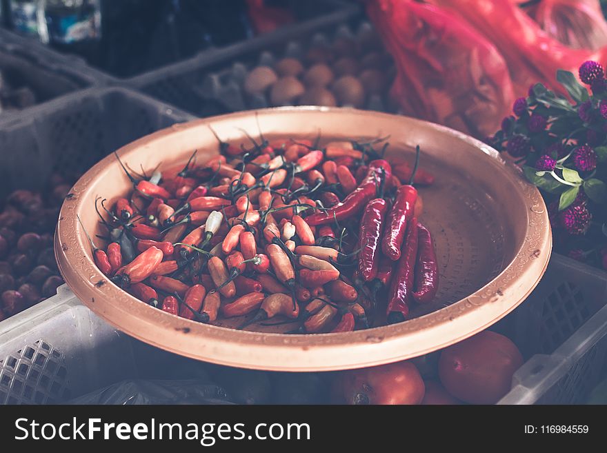 Red Chillis On Brown Wooden Tray