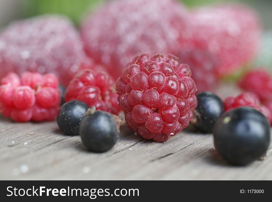 Red Raspberry and black-currant closeup, colourful jellies at blured background. Red Raspberry and black-currant closeup, colourful jellies at blured background