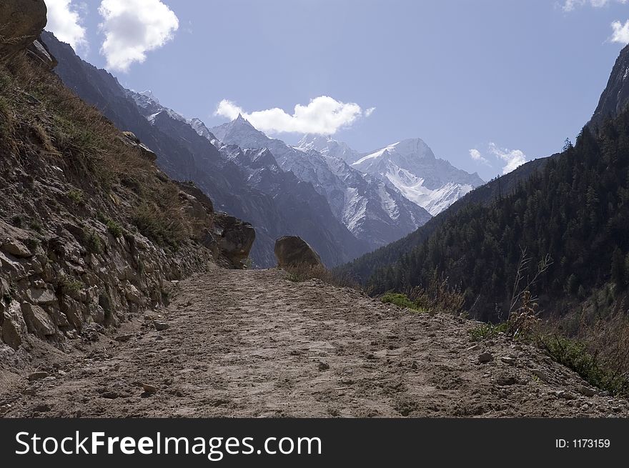 View onto valley of Bhagirathi river and path to Gomukh, which is place where Bhagirathi begins.India. View onto valley of Bhagirathi river and path to Gomukh, which is place where Bhagirathi begins.India.