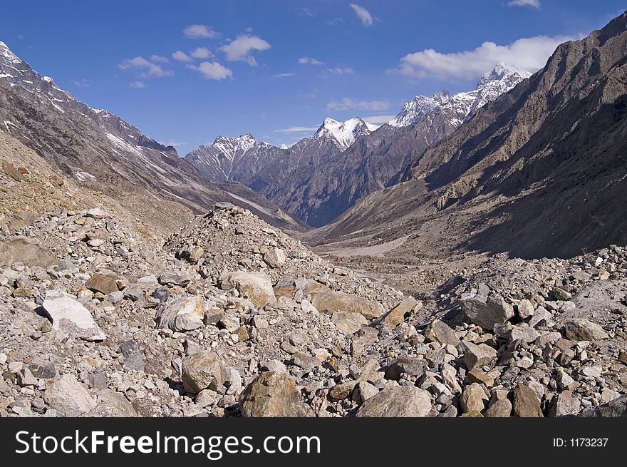 View onto valley of Bhagirathi river (which later becomes Ganga) from Gomukh glacier, where the river begins. The picture has been taken early in the morning. View onto valley of Bhagirathi river (which later becomes Ganga) from Gomukh glacier, where the river begins. The picture has been taken early in the morning.