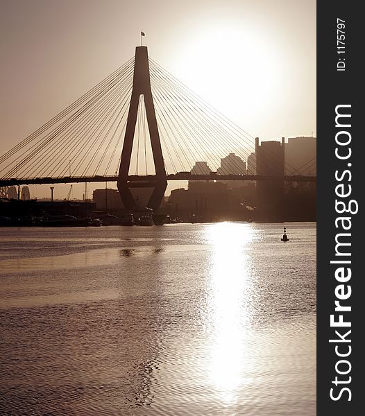 Anzac Bridge In Evening Light, Silhouette, Sydney, Australia: ANZAC Bridge is the longest cable-stayed bridge in Australia, and amongst the longest in the world.