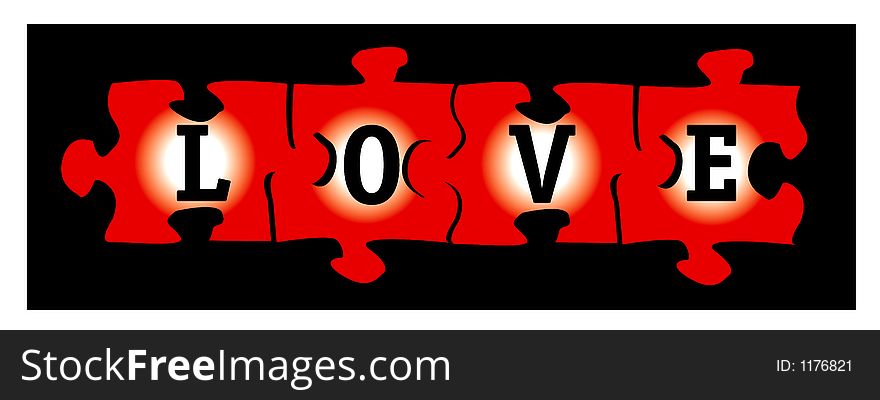 Four pieces of jigsaw against a black background with the four letters L O V E on each piece. Four pieces of jigsaw against a black background with the four letters L O V E on each piece