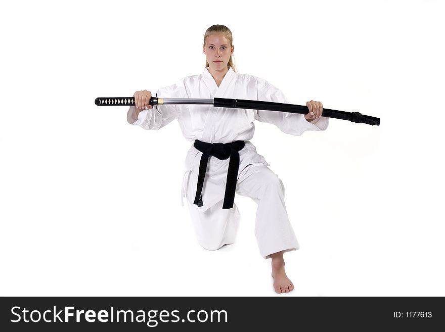 Female Third Degree Black Belt with Katana. Female Third Degree Black Belt with Katana.