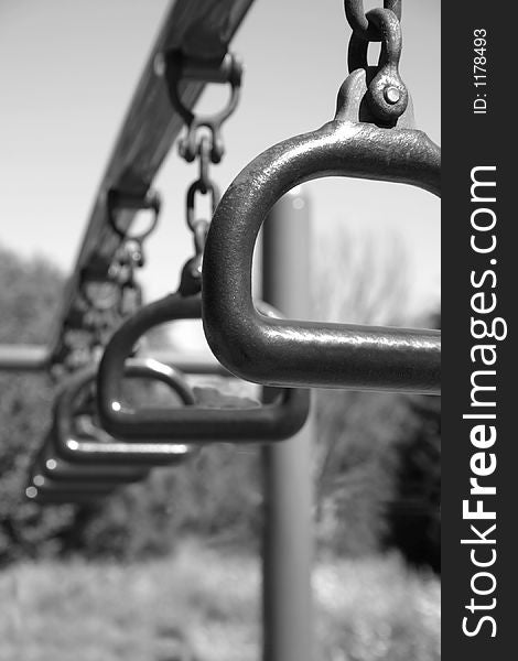 Close up of playground rings, black and white. Close up of playground rings, black and white