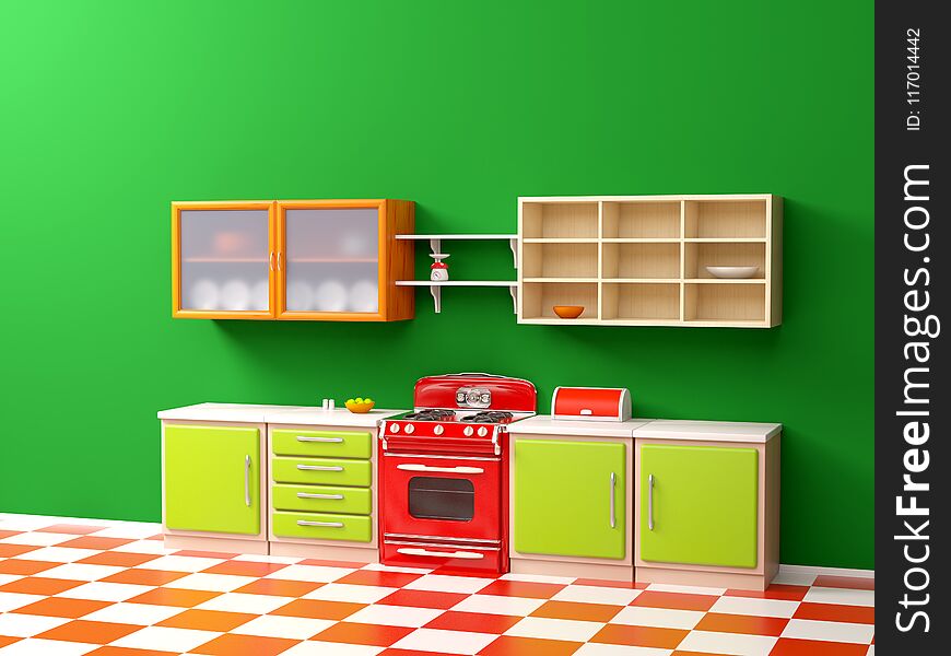 Flat retro kitchen interior in 50s style. 3d illustration. Flat retro kitchen interior in 50s style. 3d illustration