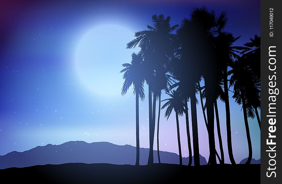 Silhouette of a palm tree landscape against a night sky. Silhouette of a palm tree landscape against a night sky