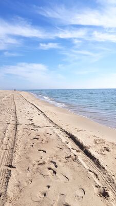 Minimalist Sea Beach Landscape With Car Tire Tracks On The Sand And Two People Silhouettes On The Skyline Royalty Free Stock Photos