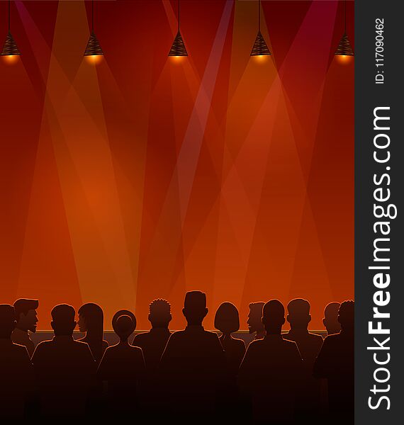 People sitting at the stage. illustration of silhouettes of audience sitting at the stage.
