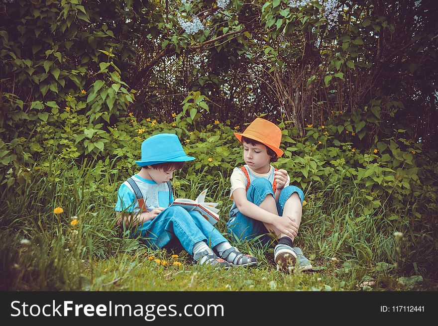 Girl And Boy Sitting On Grass Field Surrounded By Trees