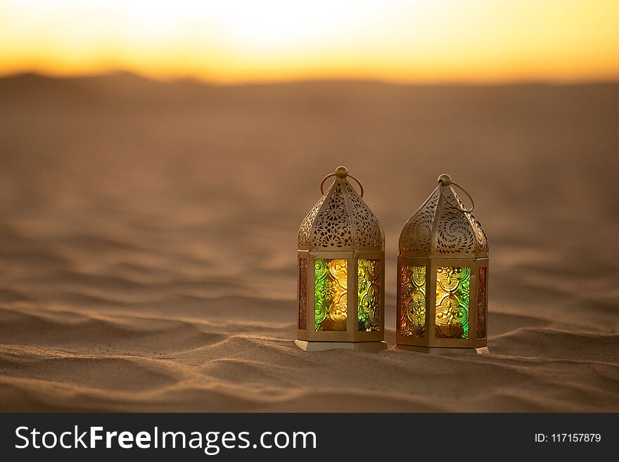 Traditional Ornamental Arabic Candle In Desert.