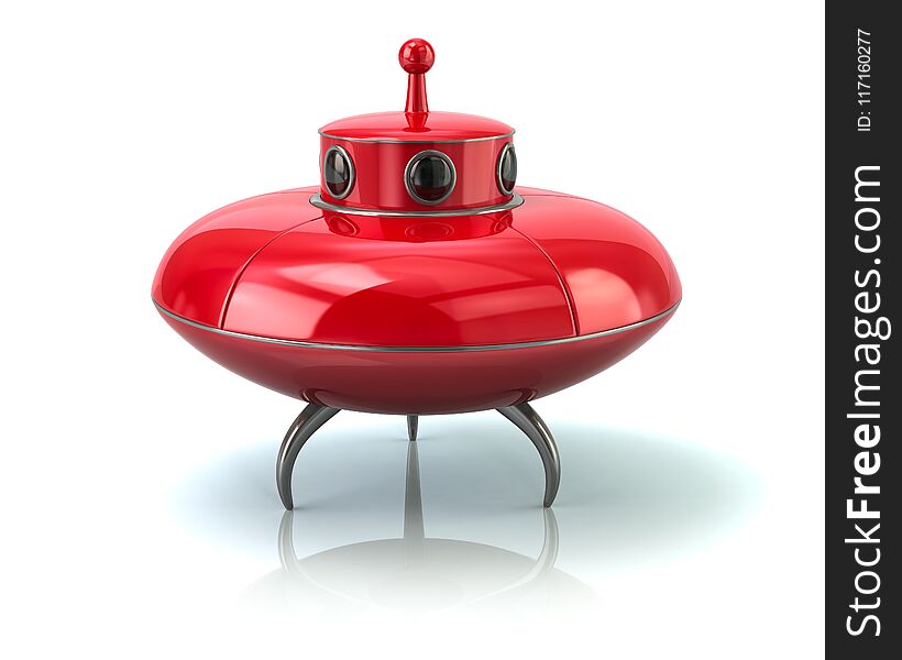 Red ufo space ship standing on the ground 3d illustration