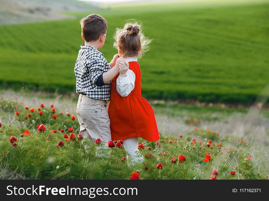 Little children are walking in a field with red flowers.
