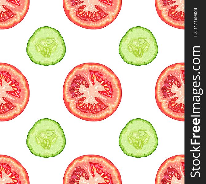 Vector seamless pattern of tomato slices and cucumber slices on white background