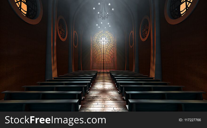 A dark grand church interior lit by suns rays penetrating through a glass window in the pattern of a crucifix - 3D render. A dark grand church interior lit by suns rays penetrating through a glass window in the pattern of a crucifix - 3D render
