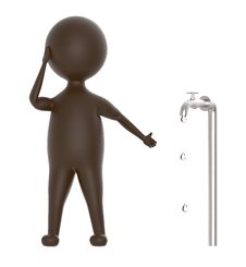 3d Brown Character Pointing Out A Leaking Water Tap Stock Photo 3d Brown Character Pointing Out A Leaking Water Tap Stock Photo