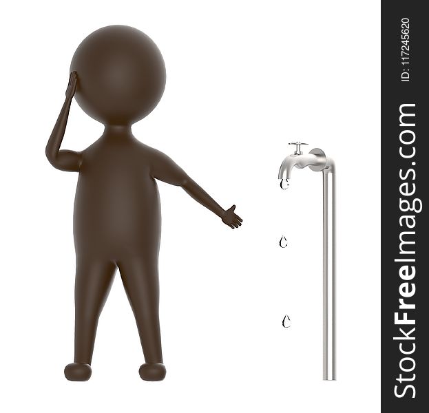 3d brown character pointing out a leaking water tap