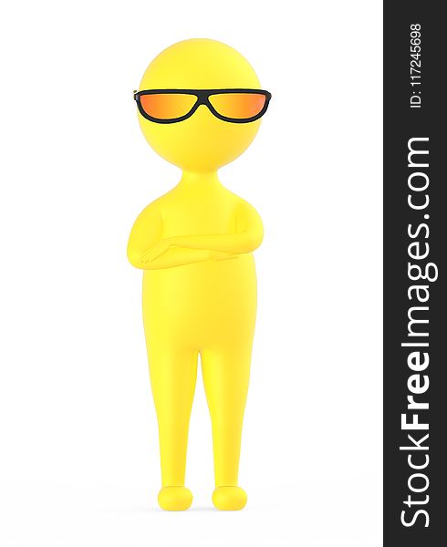 3d Yellow Character Wearing Tinted Sunglass , Standing And Crossing His Arms
