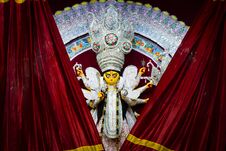 Red Curtains Getting Revealing Durga Idol For Worship Stock Images