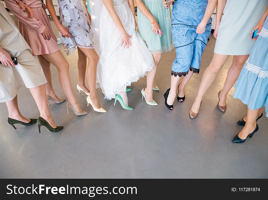 Girls in dresses party show feet selfie