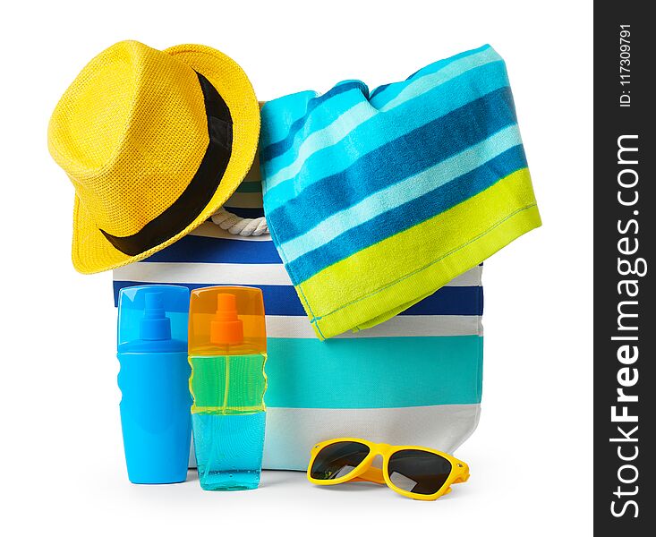 Composition with beach objects on white background