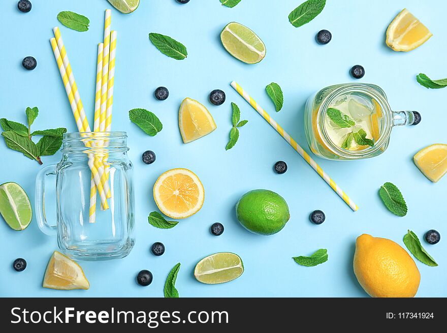 Flat Lay Composition With Delicious Natural Lemonade