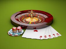 3d Illustration Of Casino Roulette With Dice, Poker Chips And Play Cards, Green Background Royalty Free Stock Photos