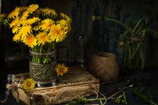 Dandelion Flowers On Rustic Wooden Background. Vintage Still Li Stock Photos
