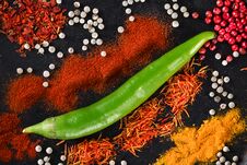 Spicy Background With Fresh Chili Pepper. Top View Stock Photography