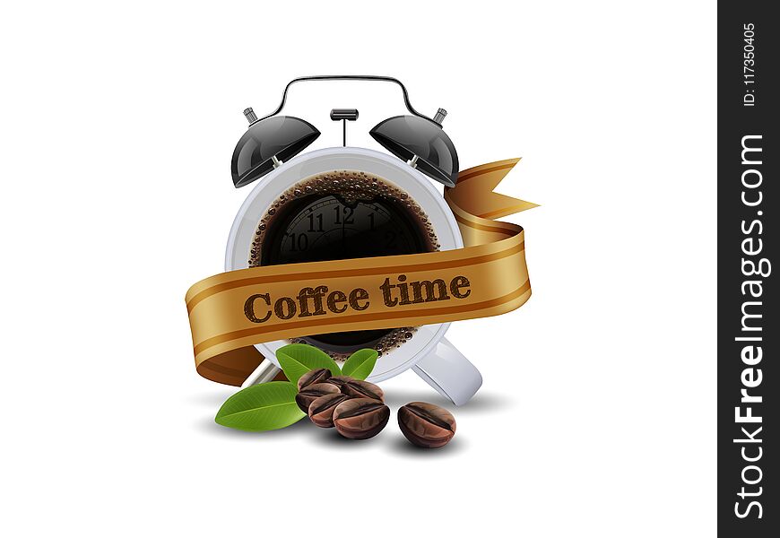 Coffee time. Cup of black coffee and coffee bean isolated on white background. vector illustration.