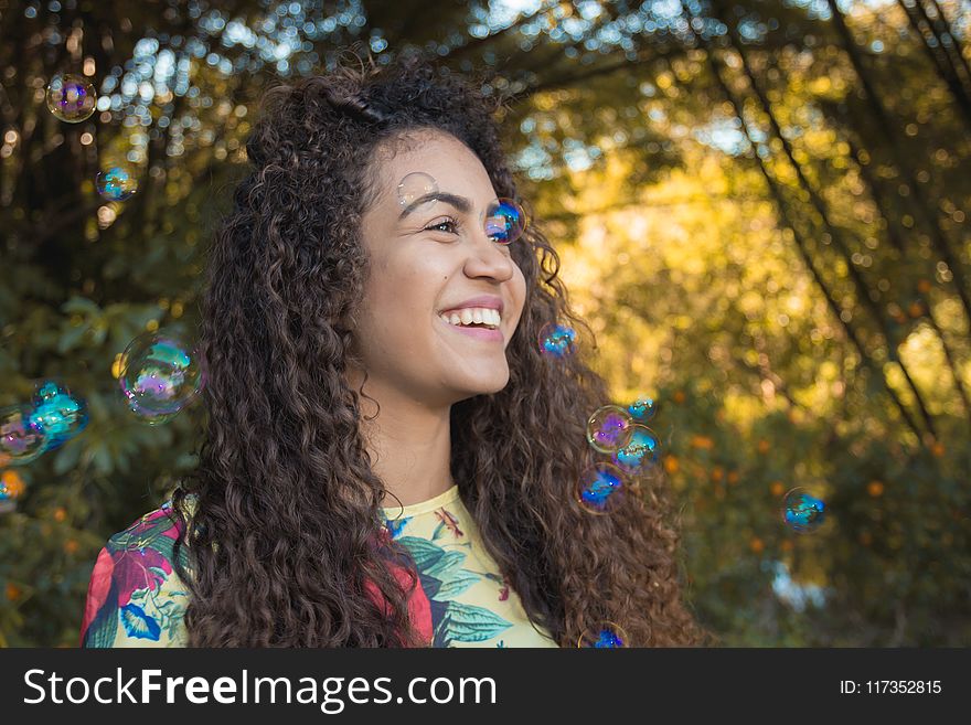 Woman Wearing Floral Crew-neck Shirt