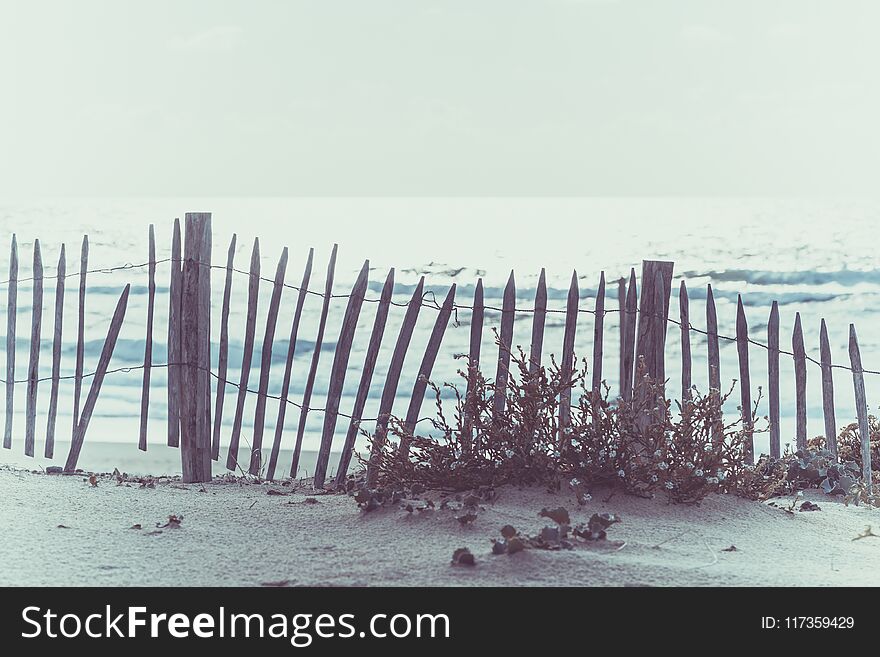 Wooden fence on an Atlantic beach in France, The Gironde Department. Shot with a selective focus. Wooden fence on an Atlantic beach in France, The Gironde Department. Shot with a selective focus