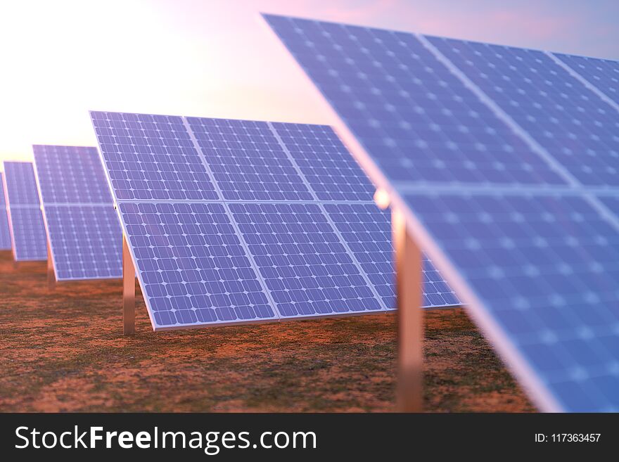 3D rendering solar power generation technology. Alternative energy. Solar battery panel modules with scenic sunset with
