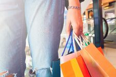 Close Up Hand Holding Shopping Bags, Trendy Lifestyle Concept Stock Images