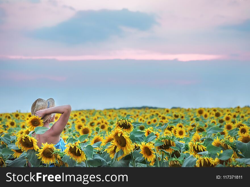 A girl in a straw hat in the field of sunflowers. Very soft soft focus, soft light at sunset. Gentle clouds.n