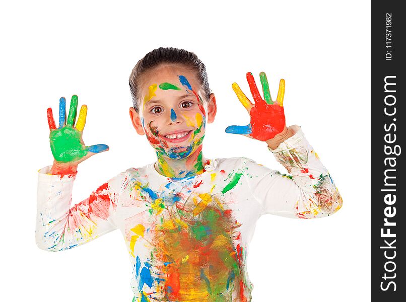 Funny girl with hands and face full of paint isolated on a white background