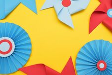 Paper Decorative Vane Colorful Background. Circus, Childhood, Festival, Party, Fun, Joy, Happines. YellowBackground. Stock Images