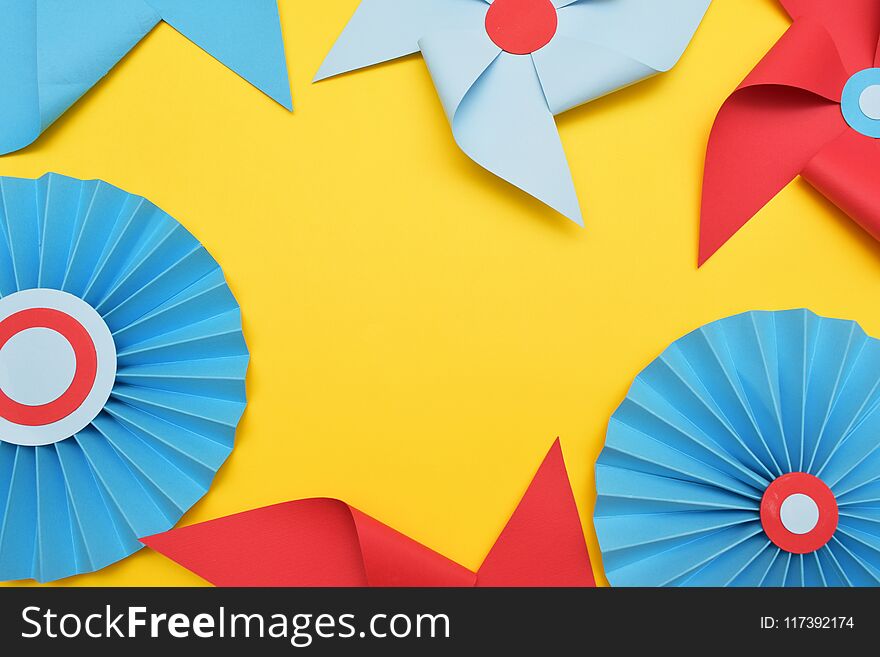 Paper Decorative Vane Colorful Background. Circus, Childhood, Festival, Party, Fun, joy, Happines. YellowBackground.