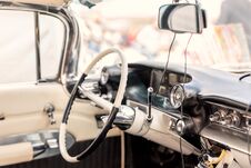 Retro Car Interior. Steering Wheel And Driver Seat Of Vintage Vehicle. Classic Old Automoile Dashboard Stock Photo Retro Car Interior. Steering Wheel And Driver Seat Of Vintage Vehicle. Classic Old Automoile Dashboard Stock Photo