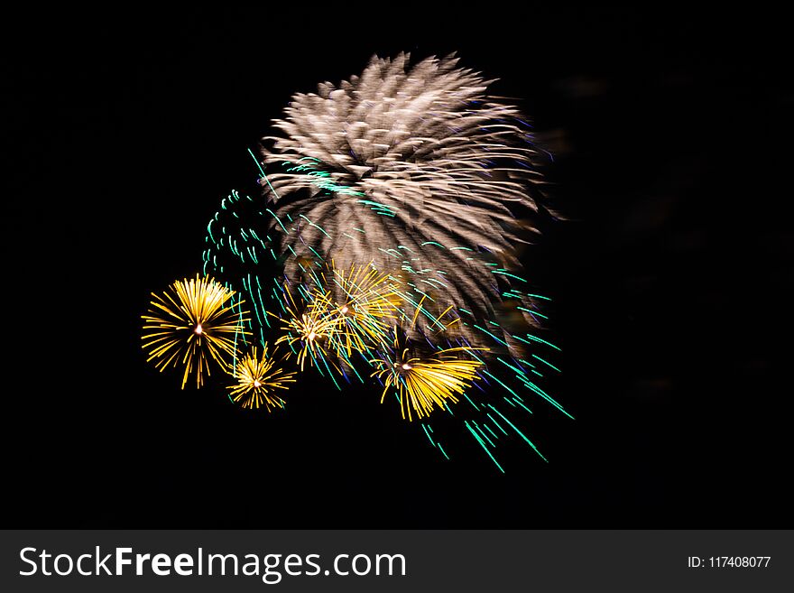 Evening fireworks in honor of a holiday the Victory Day in the night sky in Moscow city by military forces