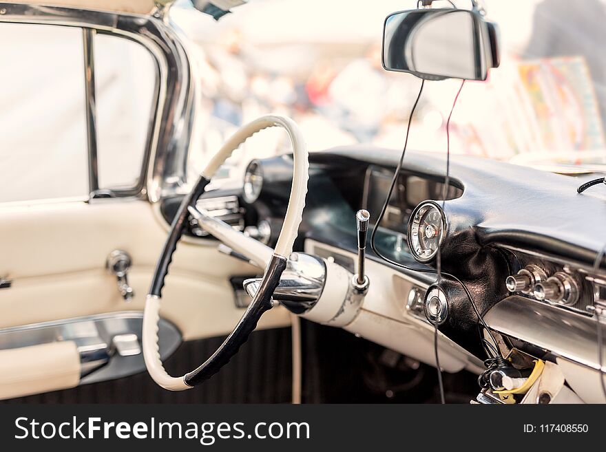 Retro Car Interior. Steering Wheel And Driver Seat Of Vintage Vehicle. Classic Old Automoile Dashboard