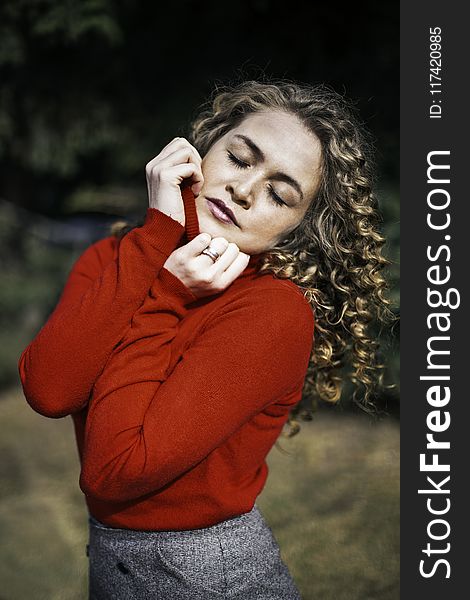 Woman Wearing Red Long-sleeved Top