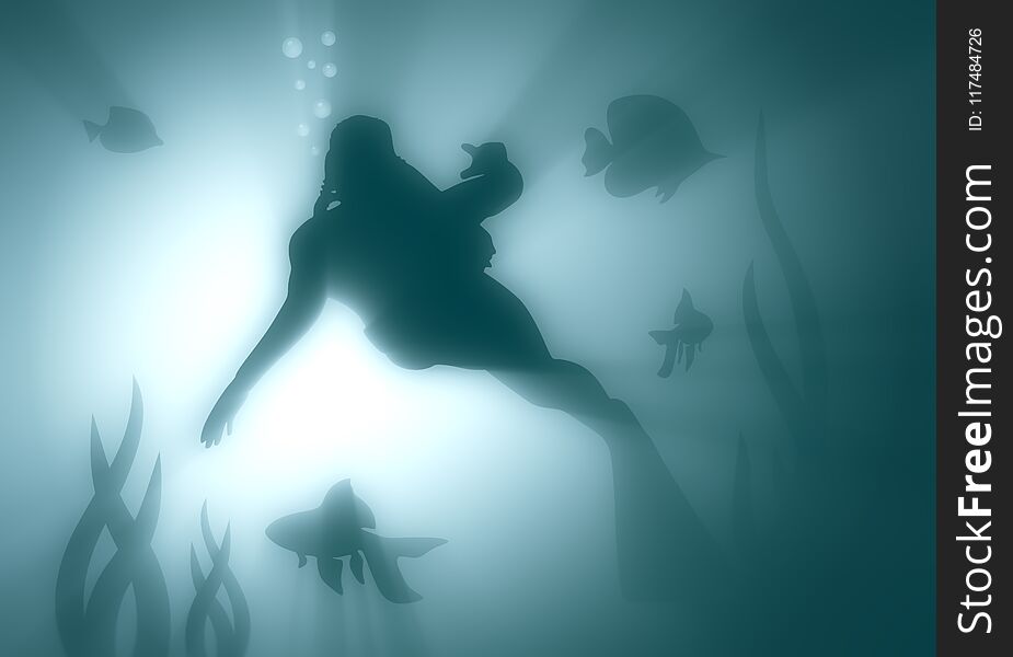 Silhouette of diver in the depth of ocean. Seaweed and fishes. The concept of sport diving. Silhouette of diver in the depth of ocean. Seaweed and fishes. The concept of sport diving.