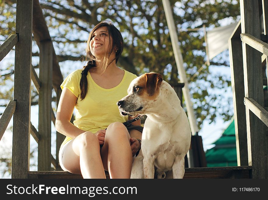 Woman Sitting Near the Jack Russell Terrier